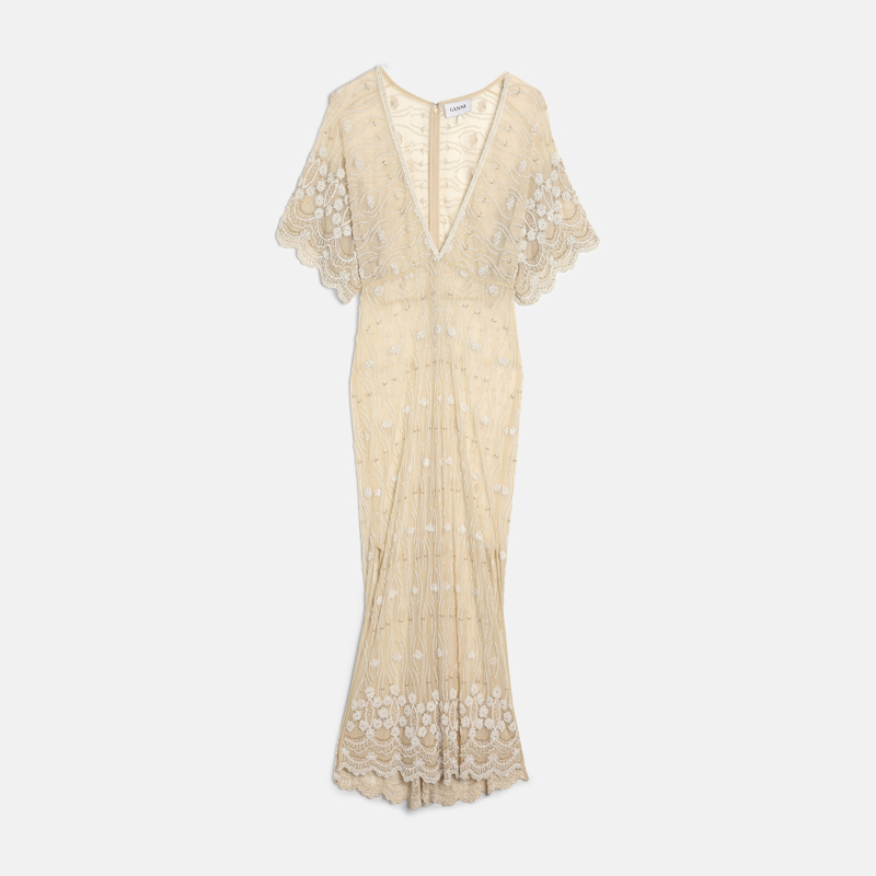 Superfleamarket_Toni_Garrn_clothes_Ganni_dress_maxi_gown_sequin_gold_beige_shop(1)