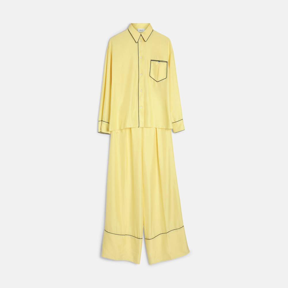 Superfleamarket_Toni_Garrn_clothes_Bally_set_twopiece_shirt_blouse_pants_silk_yellow_shop(1)